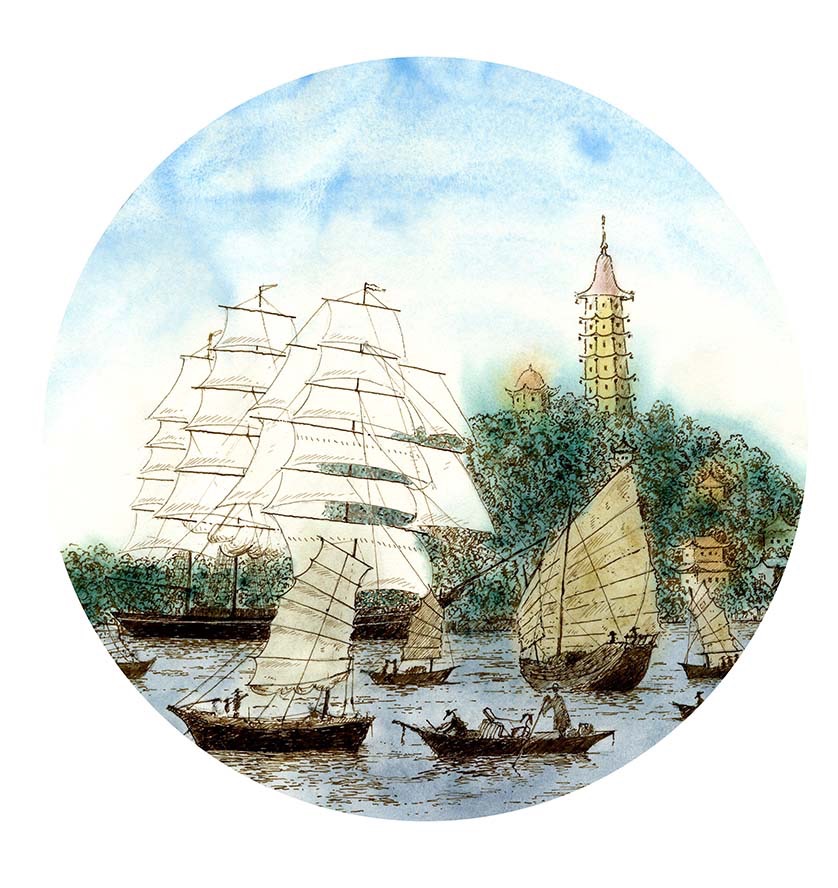 The Cutty Sark Exhibition . Port-hole illustration for the Cutty Sark arriving in China
